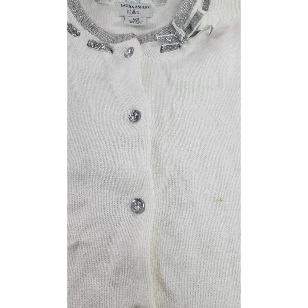​Laura Ashley Kids White Cardigan with Silver Trim & Rhinestone Buttons L/G 6X